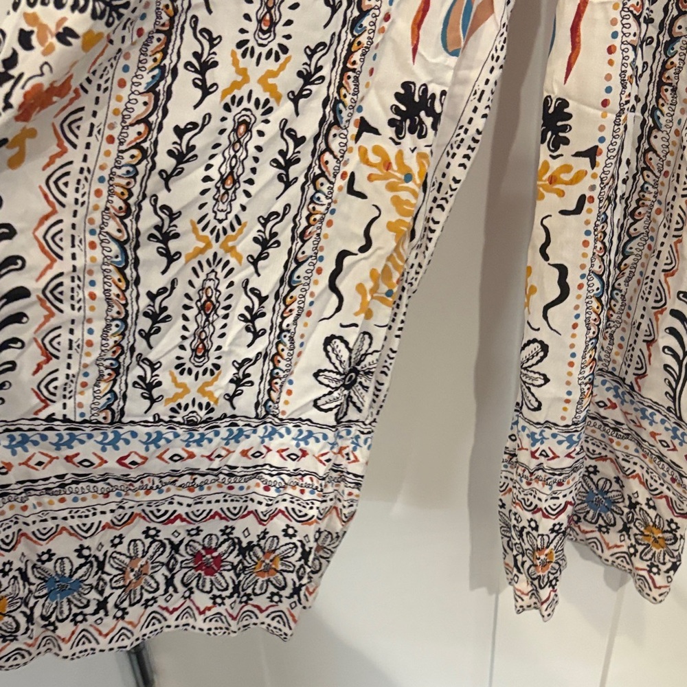 Angie White Maxi jumpsuit with Black Paisley and Yellow Floral Accents - Picture 2 of 5